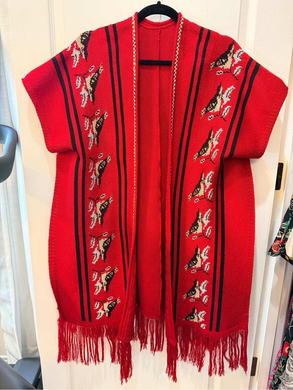 Vintage Red Fringed Knit Open-Front Sweater/Poncho with Bird Motif